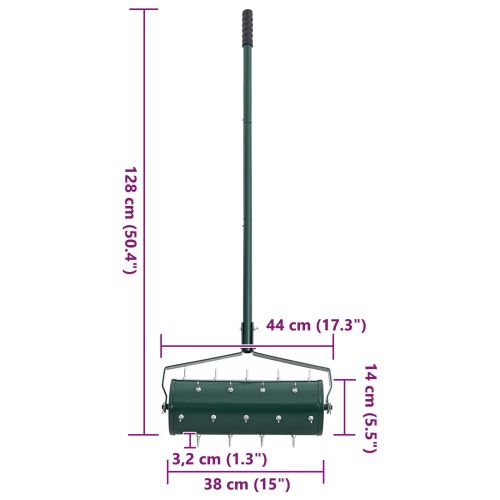 Валяк за трева с дръжка и клипси за аератор Зелен 128 x 38 см