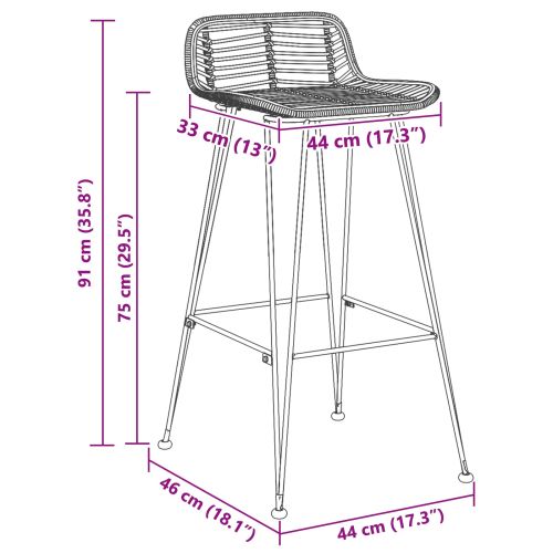 Бар стол 2 pcs Черен 44 x 46 x 91 см Ратан и стомана