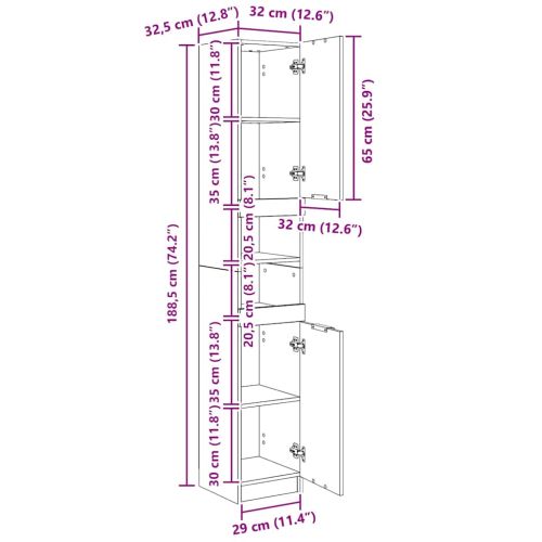 Шкаф за баня, бял гланц, 32x34x188,5 см, инженерно дърво