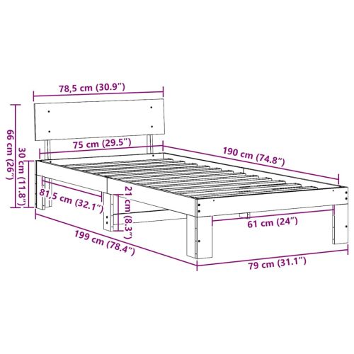 Рамка за легло с таблото Бяло 75 x 190 cm Солидно борово дърво