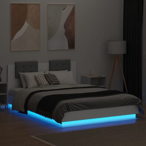 Рамка за легло с табла и LED осветление, бяла, 140x200 см