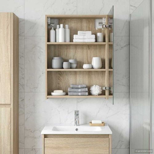 Шкаф с огледало за баня с рафт Сонома дъб 50 x 14,5 x 70 см