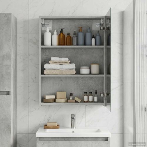 Шкаф с огледало за баня с рафт Циментено сиво 50 x 14,5 x 70 см