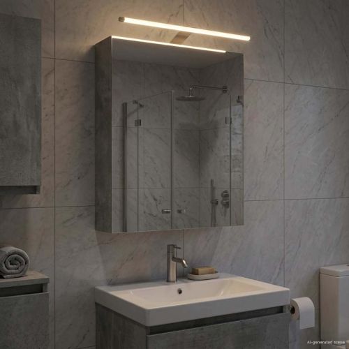 Шкаф с огледало за баня с рафт Циментено сиво 50 x 14,5 x 70 см