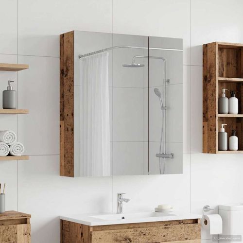 Шкаф с огледало за баня с рафт Старо дърво 60 x 14,5 x 70 см