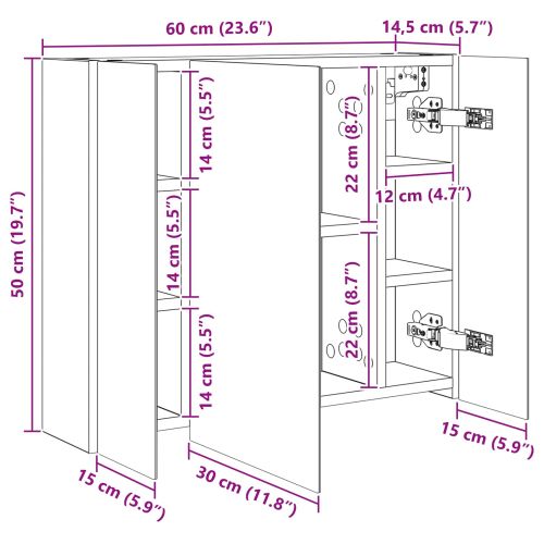 Шкаф с огледало за баня Бяло 60 x 14,5 x 50 см Инженерно дърво