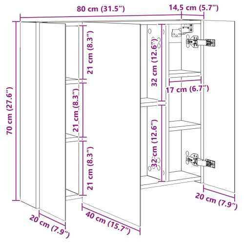 Шкаф с огледало за баня с рафт Димян дъб 80 x 14.5 x 70 см