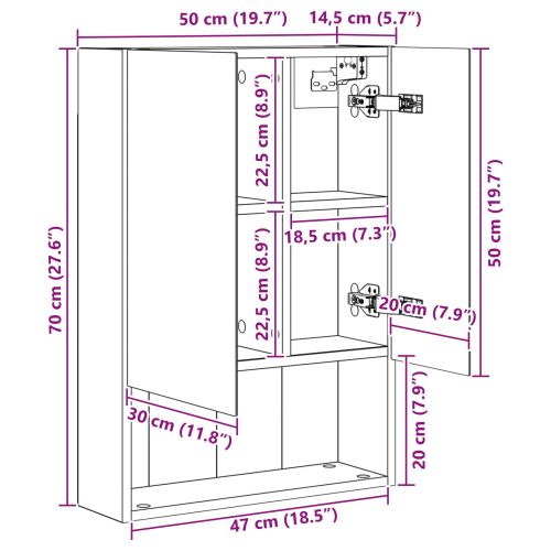 Шкаф с огледало за баня с рафт Черния дъб 50 x 14,5 x 70 см