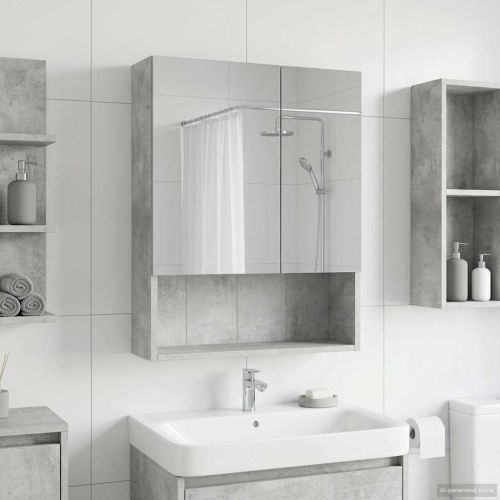 Шкаф с огледало за баня с рафт Циментено сиво 50 x 14,5 x 70 см
