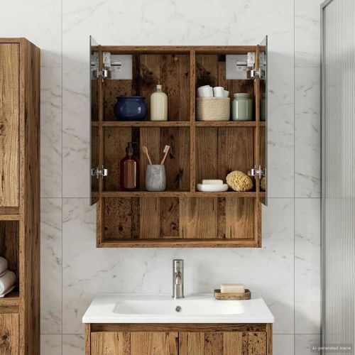 Шкаф с огледало за баня с рафт Старо дърво 50 x 14,5 x 70 см