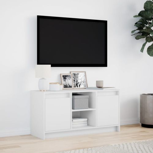 ТВ шкаф с LED, бял, 100x34x50 см, инженерно дърво