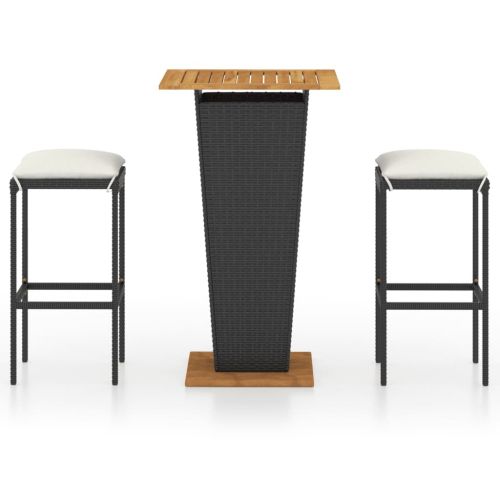 Градински бар комплект с възглавници, 3 части, черен полиратан