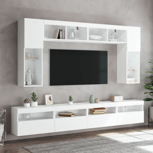 Комплект ТВ стенни шкафове, 8 части, с LED светлини, бели