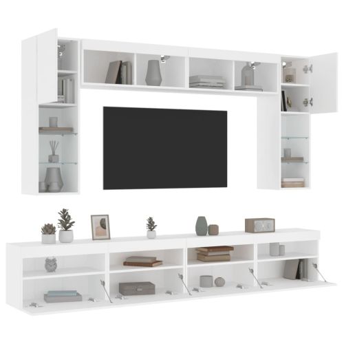 Комплект ТВ стенни шкафове, 8 части, с LED светлини, бели