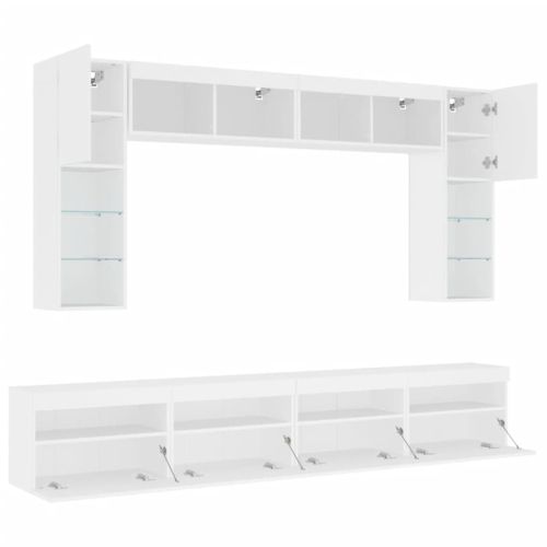 Комплект ТВ стенни шкафове, 8 части, с LED светлини, бели