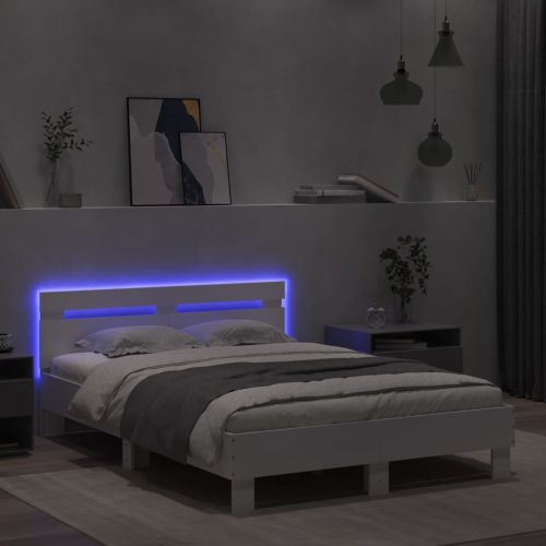 Рамка за легло с табла и LED, бяла, 120x190 см
