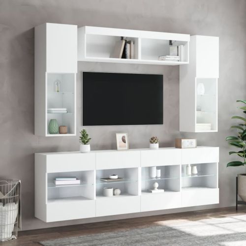 Комплект ТВ стенни шкафове, 6 части, с LED светлини, бели