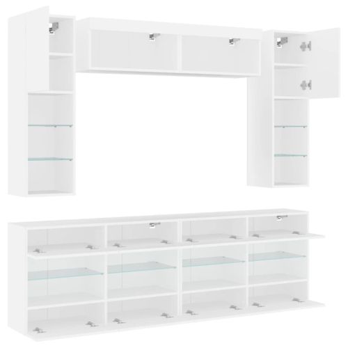 Комплект ТВ стенни шкафове, 6 части, с LED светлини, бели