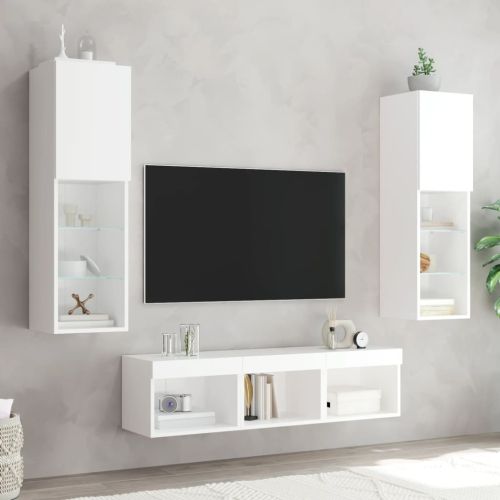 ТВ стенни модули с LED, 5 части, бели, инженерно дърво