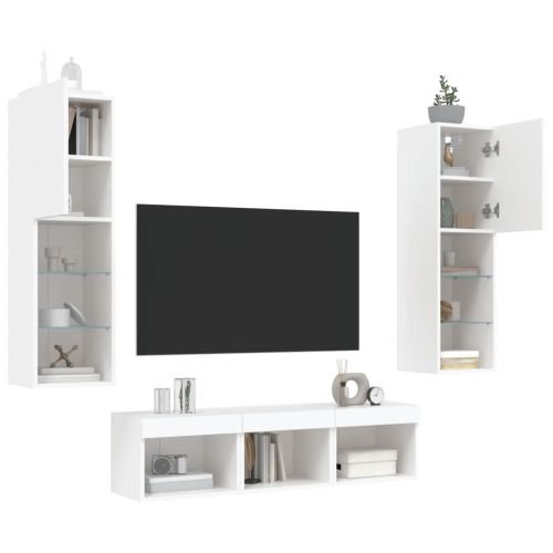 ТВ стенни модули с LED, 5 части, бели, инженерно дърво