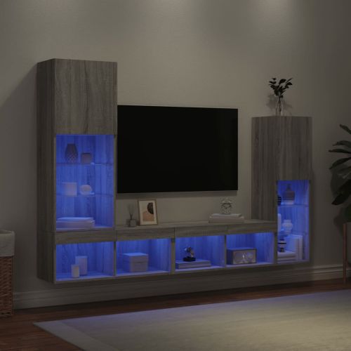 ТВ стенни модули с LED, 4 части, сив сонома, инженерно дърво