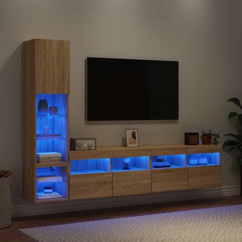 ТВ стенни модули с LED, 4 части, сонома дъб, инженерно дърво