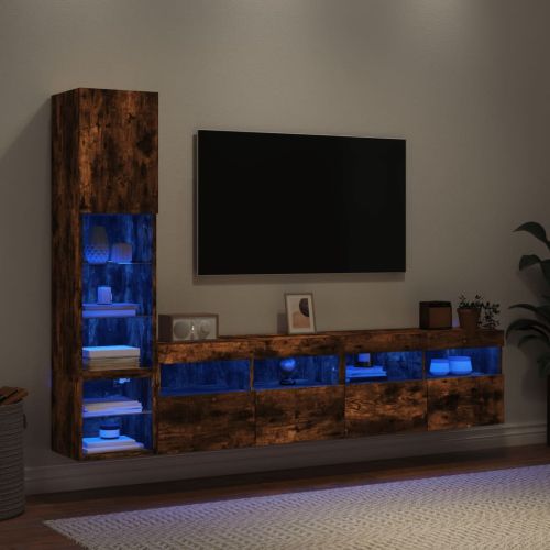 ТВ стенни модули с LED, 4 части, опушен дъб, инженерно дърво
