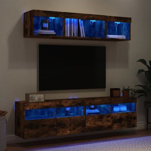 ТВ стенни модули с LED, 5 части, опушен дъб, инженерно дърво