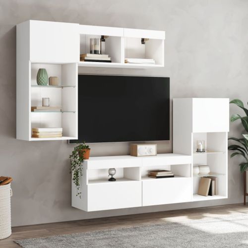 ТВ стенни модули с LED, 5 части, бели, инженерно дърво