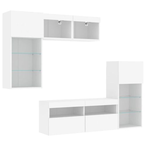 ТВ стенни модули с LED, 5 части, бели, инженерно дърво