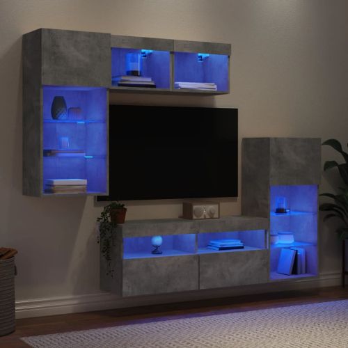 ТВ стенни модули с LED, 5 части, бетонно сиви, инженерно дърво