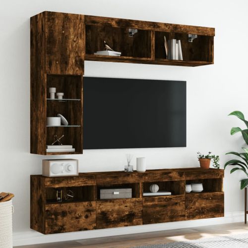 Комплект ТВ стенни шкафове, 7 части, с LED светлини, опушен дъб
