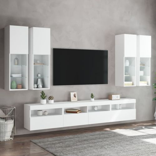 Комплект ТВ стенни шкафове, 7 части, с LED светлини, бели