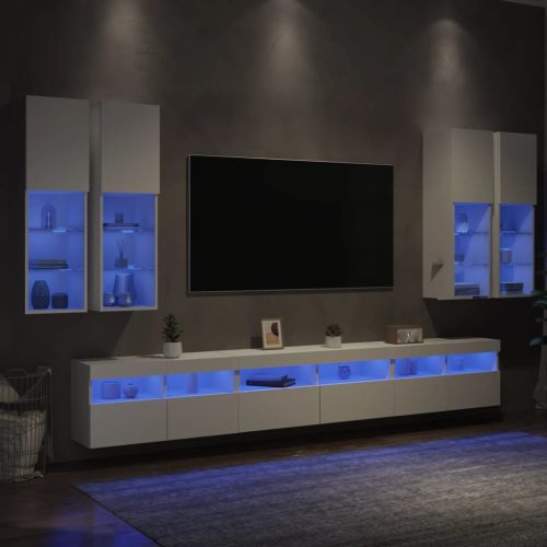 Комплект ТВ стенни шкафове, 7 части, с LED светлини, бели