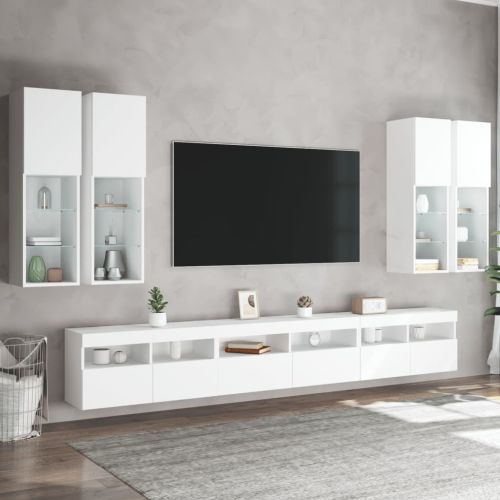 Комплект ТВ стенни шкафове, 7 части, с LED светлини, бели