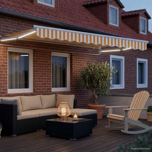 Ръчен изтеглящ сенник с LED светлини Жълт и бял 3 x 2,5 m