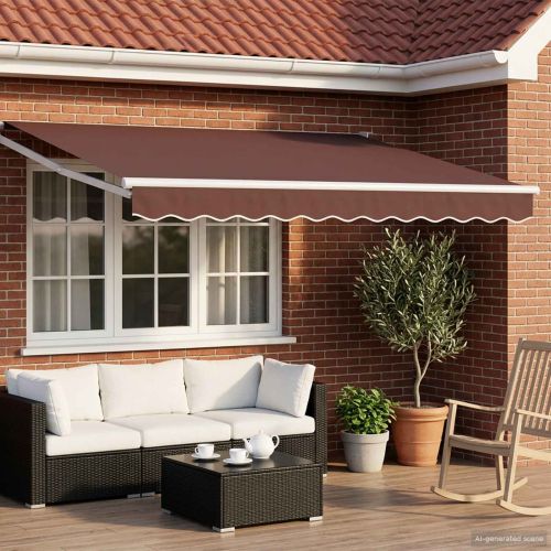 Ръчен изтеглящ сенник с LED светлини Кафяв и бял 3 x 2,5 m