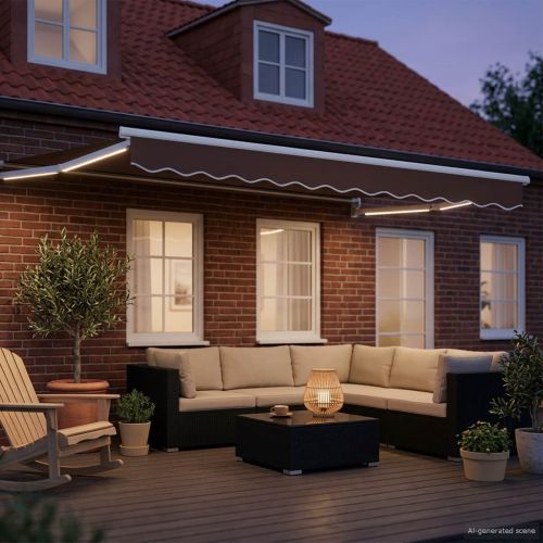 Ръчен изтеглящ сенник с LED светлини Кафяв и бял 3 x 2,5 m