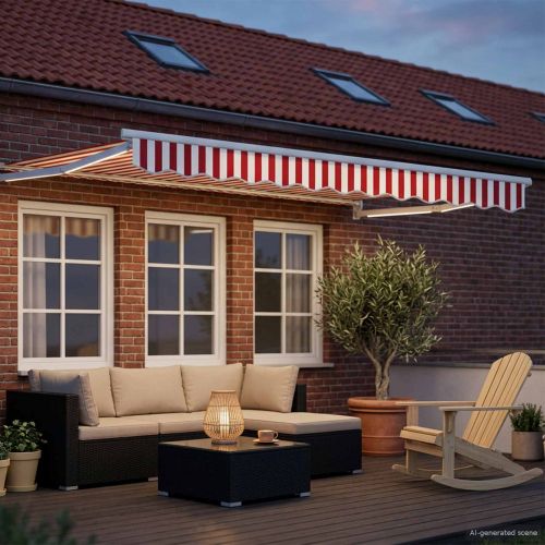 Ръчен изтеглящ сенник с LED светлини Червено и бяло 3 x 2,5 m