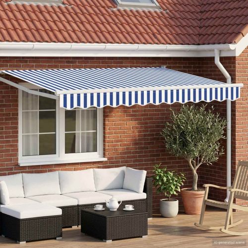 Ръчен изтеглящ сенник с LED светлини Синьо и бяло 3,5 x 2,5 m