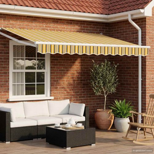 Електрически разтегателен навес Жълто, сиво и бяло 3 x 2,5 m