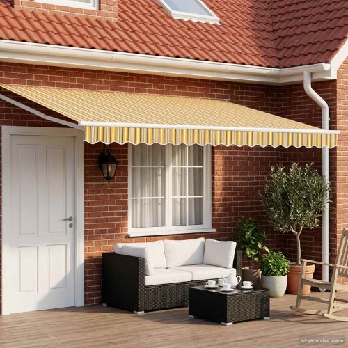 Електрически разтегателен навес Жълто, сиво и бяло 4 × 3 m