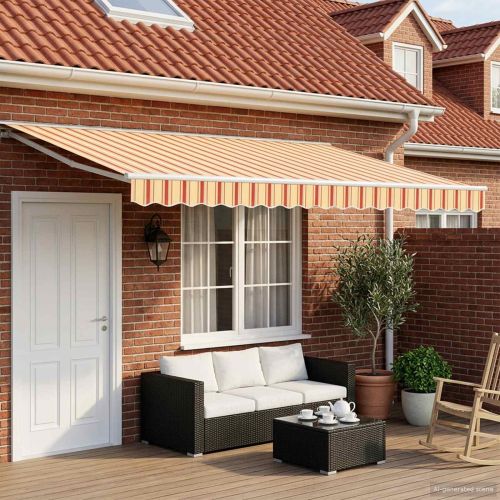 Електрически разтегателен навес Жълто, оранжево и бяло 4 × 3 m