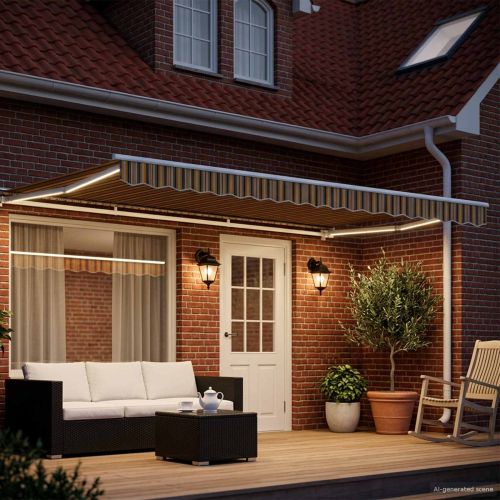 Електрически разтегателен навес Жълто, сиво и бяло 4 × 3 m