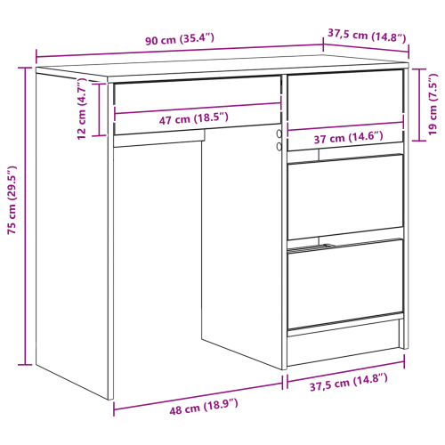 Бюро с чекмедже Бяло 90 x 37.5 x 75 см Инженерно дърво