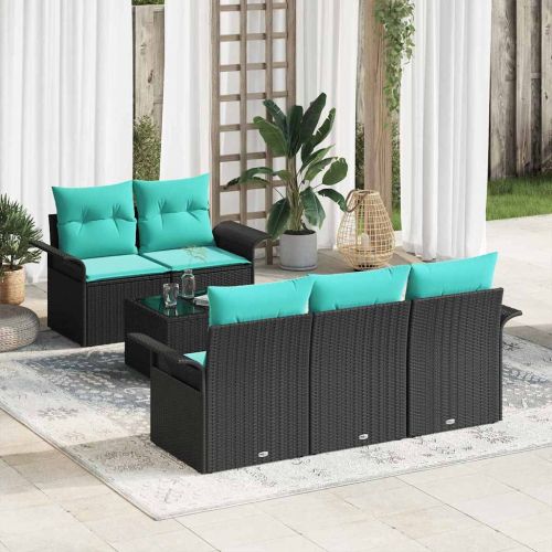 Градински Софа Комплект с възглавница 6 pcs Черно полиратан