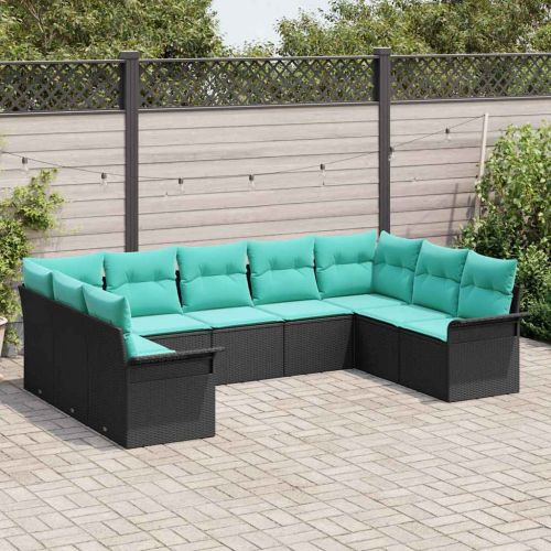 Градински Софа Комплект с възглавница 9 pcs Черно полиратан