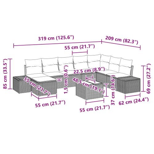 Градински Софа Комплект с възглавница 9 pcs Кафяво полиратан