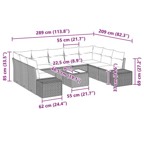 Градински Софа Комплект с възглавница 10 pcs Кафяво полиратан