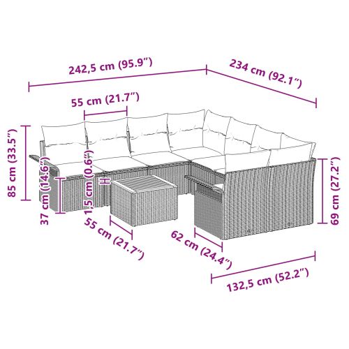 Градински Софа Комплект с възглавница 9 pcs Черно полиратан